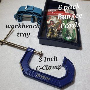 NWOT: Work Bench Clamp-on Tray, Irwin 3-Inch C-Clamp, 6 Pack Bungee Cords
